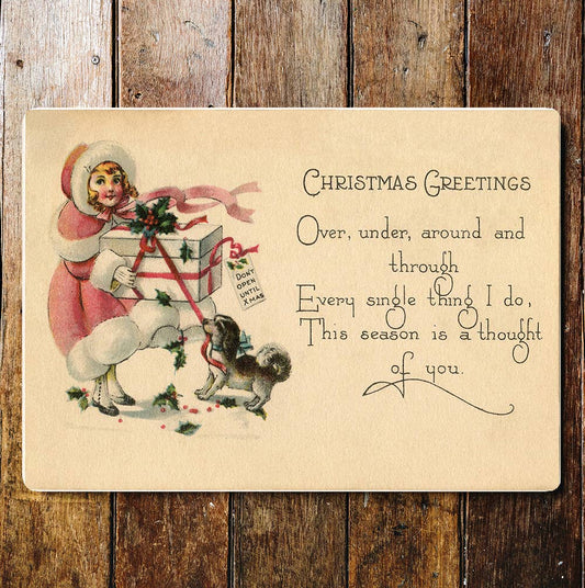 Christmas Greetings Presents Girls Dog | Metal Sign Plaque
