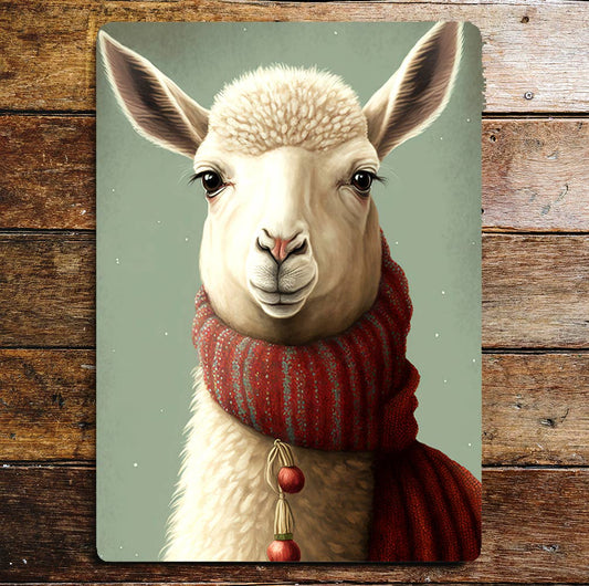Cute Llama Head Portrait Red Scarf | Metal Sign Plaque