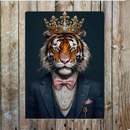 Tiger In Elegant Formal Clothes Crown Metal Sign Plaque