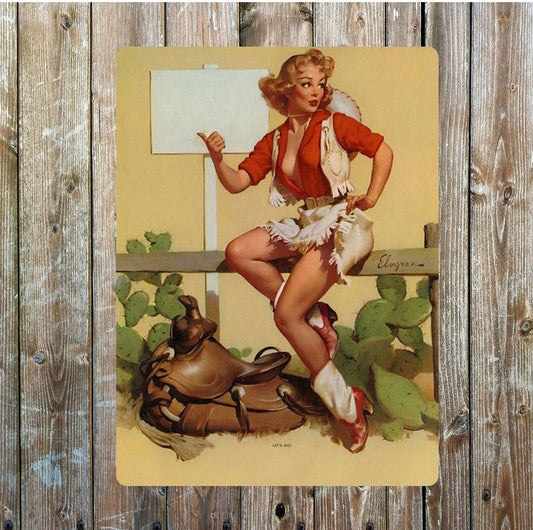 Pinup girl and saddle Metal Sign Plaque