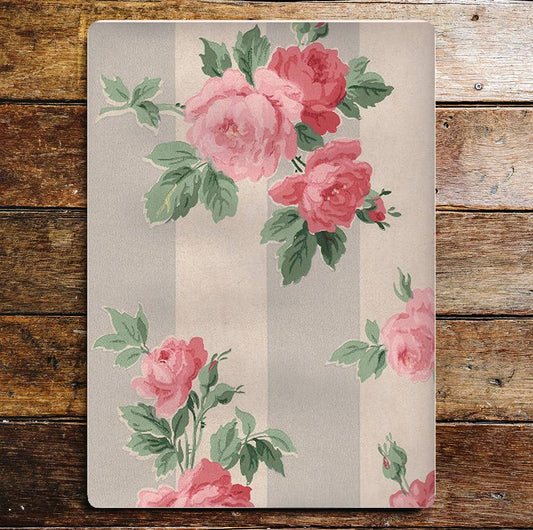 Pink Rose Stems Green Leaves Stripe Wall Metal Sign Plaque