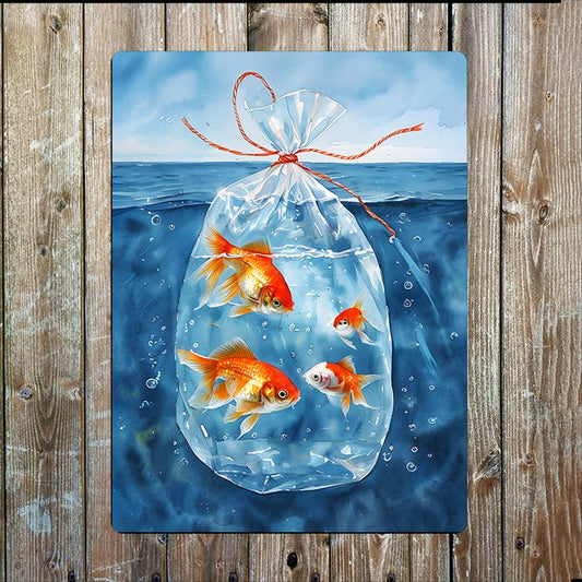 Watercolor Goldfish In Bag Sea Nautical | Metal Sign Plaque