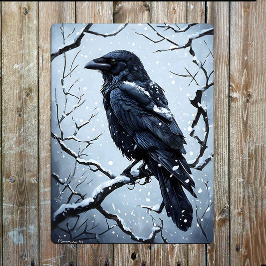 Black Crow Perched On Snowy Branch | Metal Sign Plaque