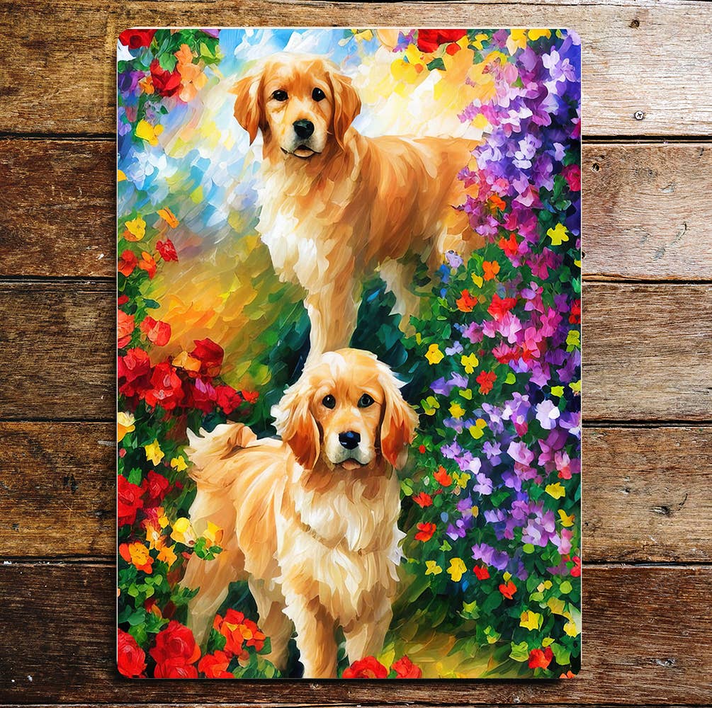 Happy Golden Retrievers painting | Metal Sign plaque