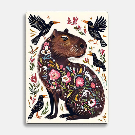 Capybara Birds Flowers scandinavian folk | Metal Sign Plaque