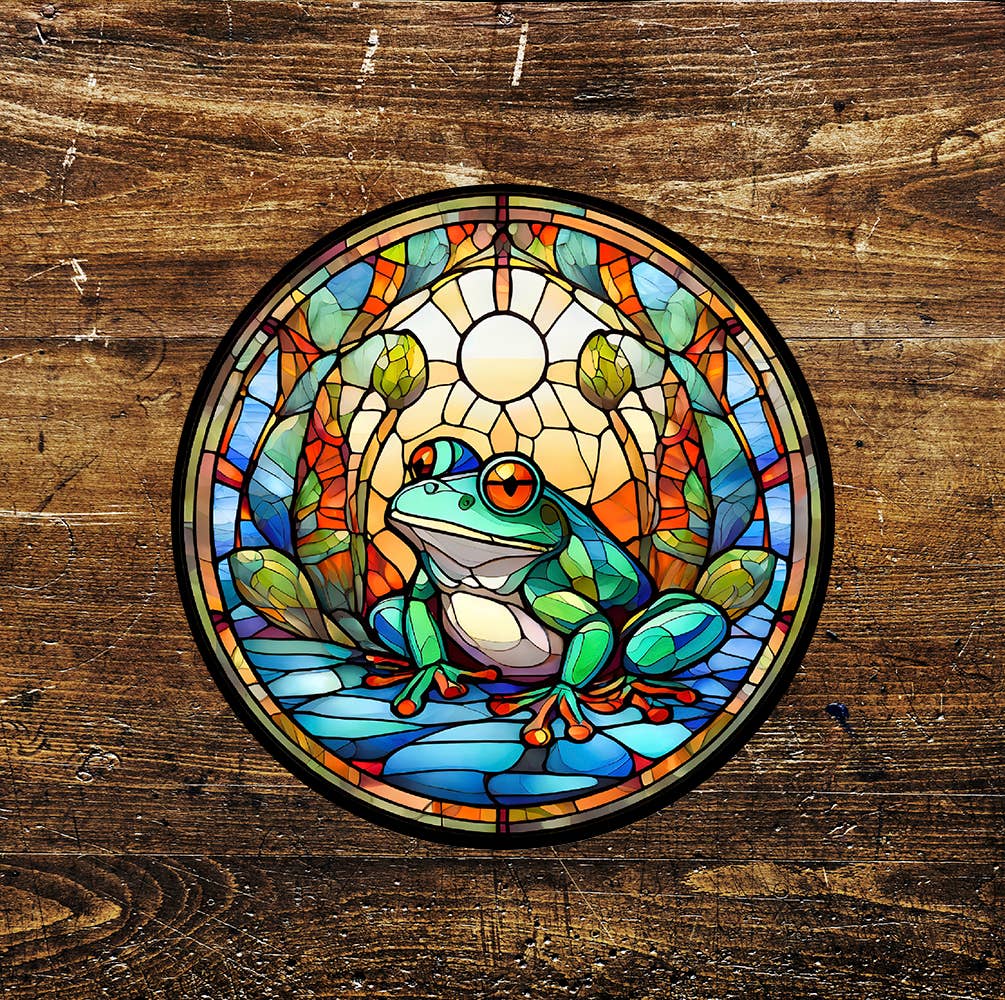 Frog Sunset Stained Glass affect Circle Metal Sign