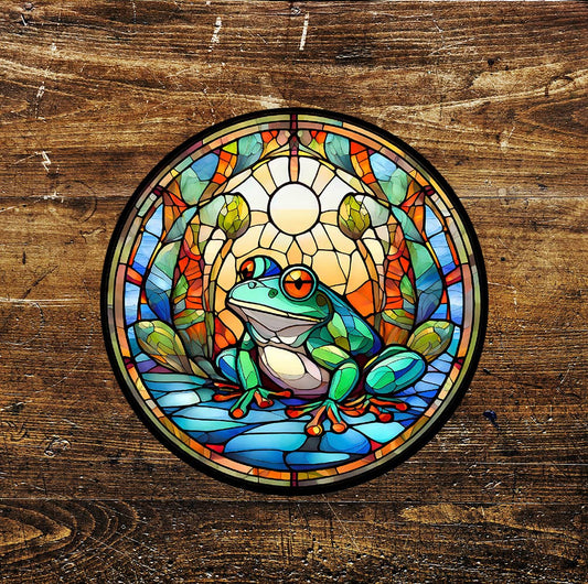 Frog Sunset Stained Glass affect Circle Metal Sign