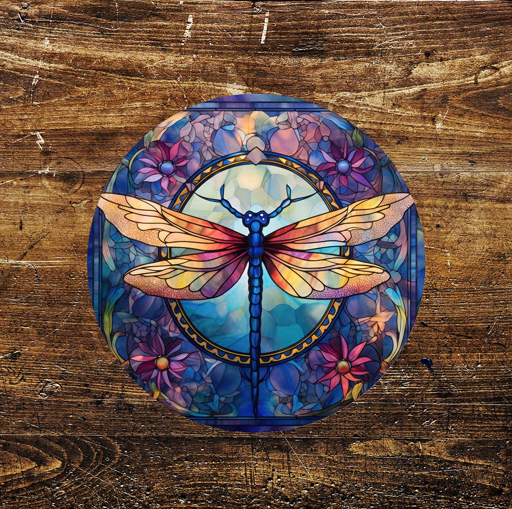 Purple Dragonfly Stained Glass affect Circle Metal Sign