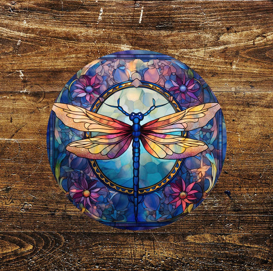 Purple Dragonfly Stained Glass affect Circle Metal Sign