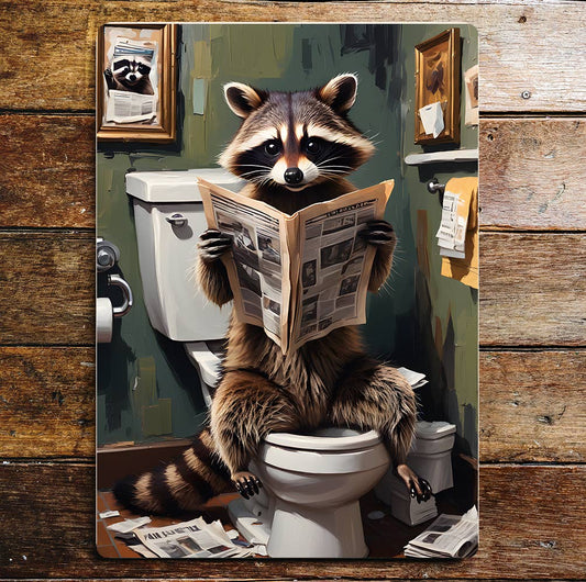 Newspaper Raccoon On the Toilet Bathroom | Metal Sign
