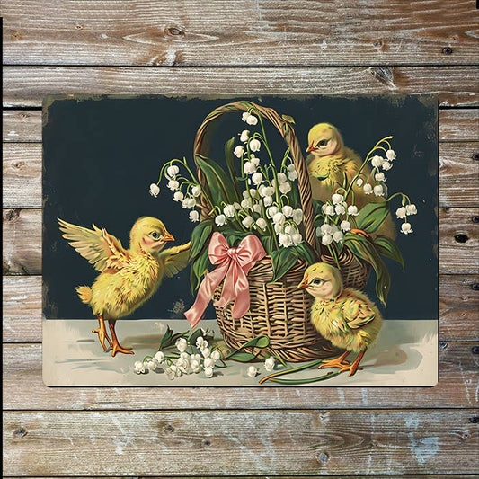 Vintage Easter Chicks With Lily Of Valley | Metal Sign Plaque