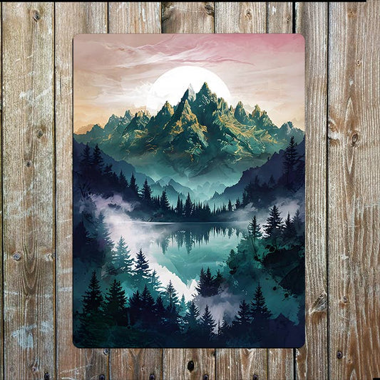 Serene Landscape Mountains Dense Forest Metal Sign Plaque
