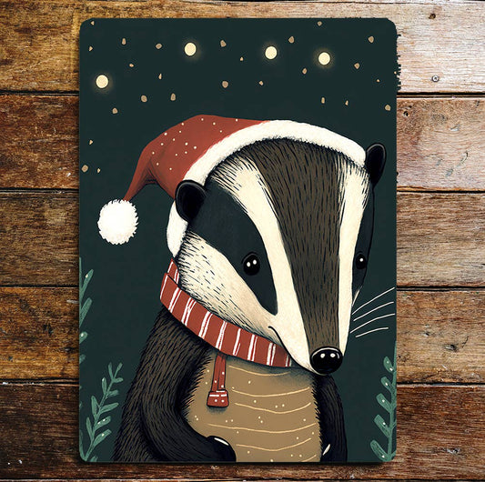 Cute Badger Christmas Hat Night Sky | Metal Sign Plaque