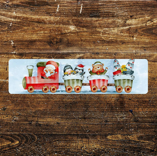 Christmas Train Santa Penguins Sign Metal Long Sign Plaque