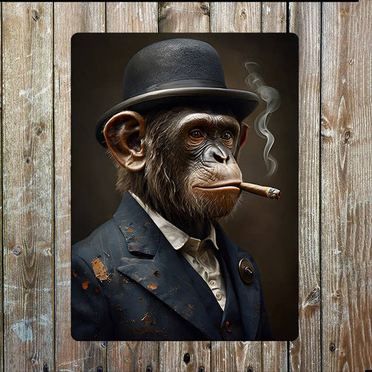Chimp Dressed Elegantly Cigar Bowler Hat | Metal Sign Plaque