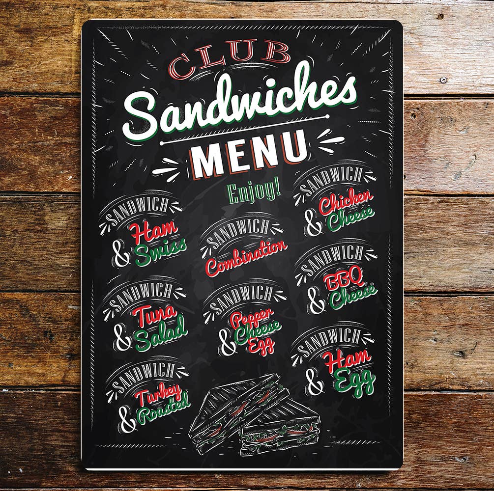 Sandwich Club Menu Kitchen Metal Wall Sign