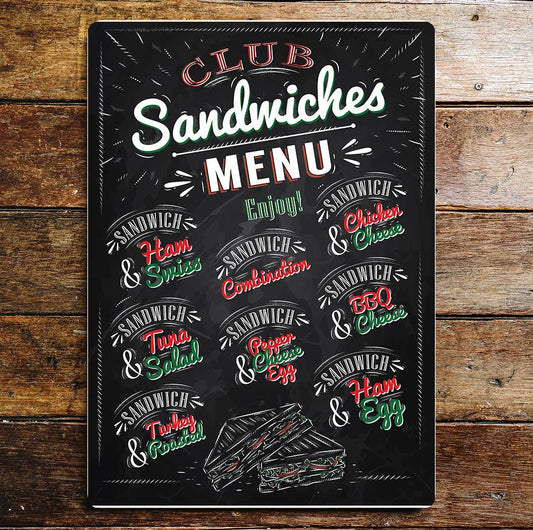 Sandwich Club Menu Kitchen Metal Wall Sign