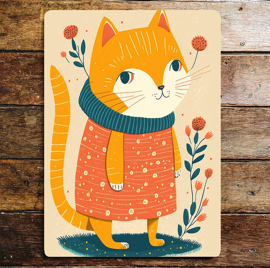 Cute Orange Cat Dress Scarf Flowers | Metal Sign Plaque