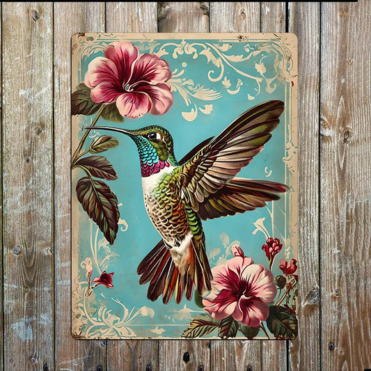 Vintage Hummingbird Ornate Floral Flower | Metal Sign Plaque