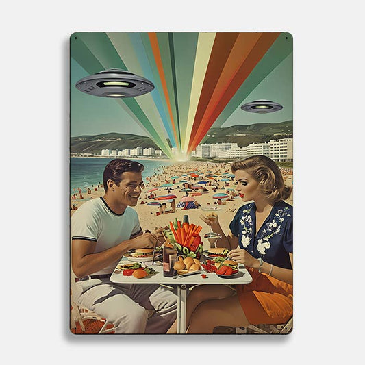 Retro Beach Scene UFO Alien Metal Sign Plaque
