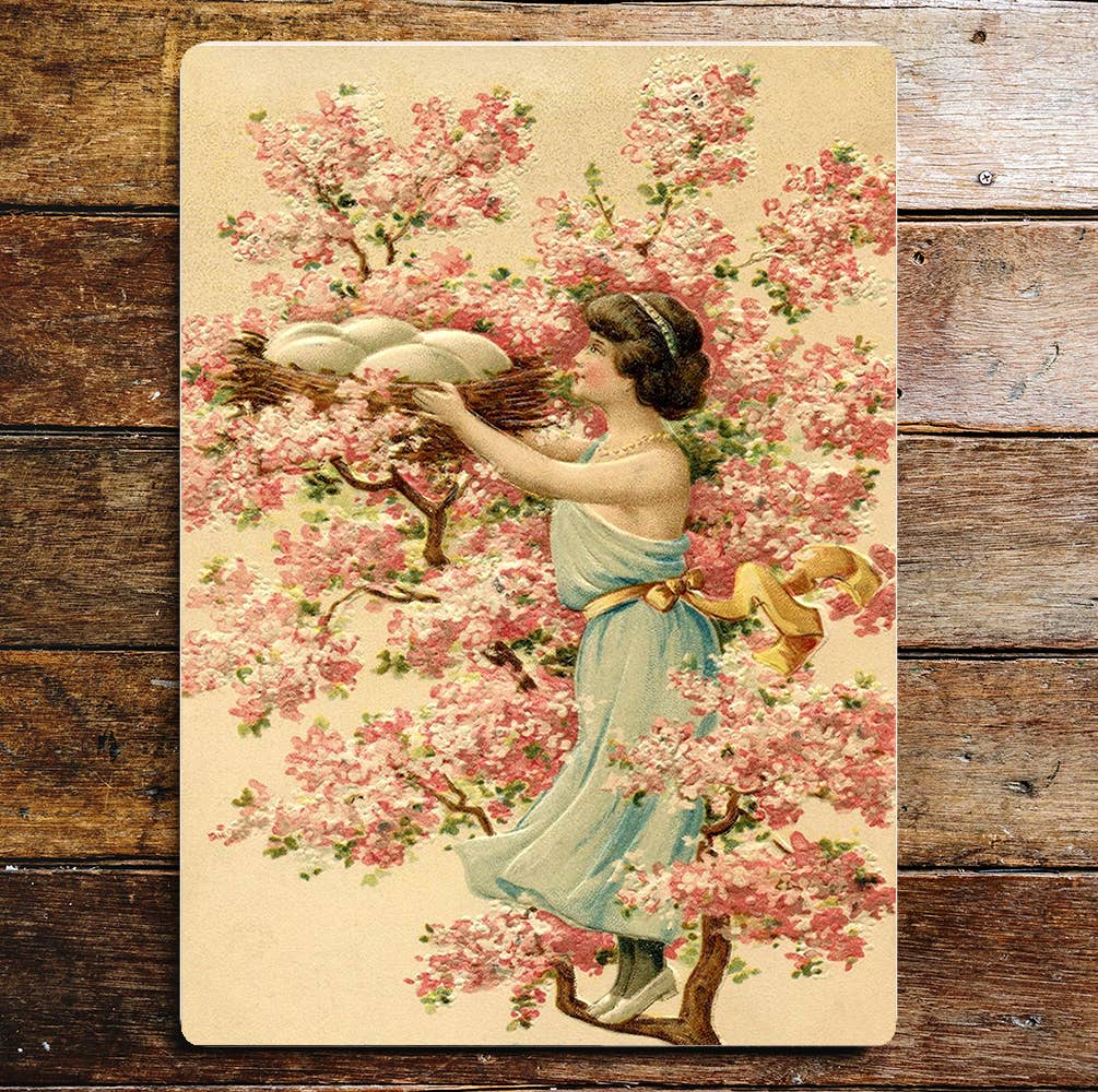 Girl Cherry Blossom Tree Basket | Metal Sign Plaque