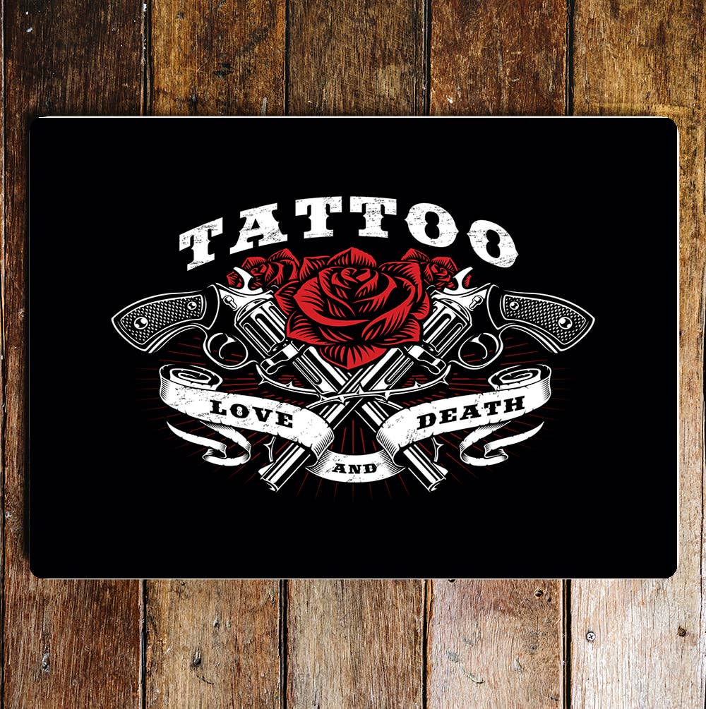 Tattoo love and death roses guns Metal Sign plaque