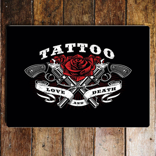 Tattoo love and death roses guns Metal Sign plaque