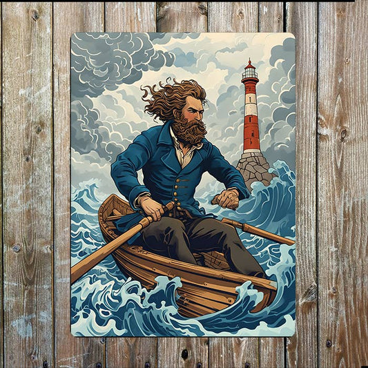 Man Rowing Lighthouse rough Sea Nautical | Metal Sign Plaque