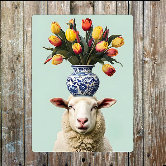 Sheep with Vibrant Tulips On Head Spring Metal Sign Plaque