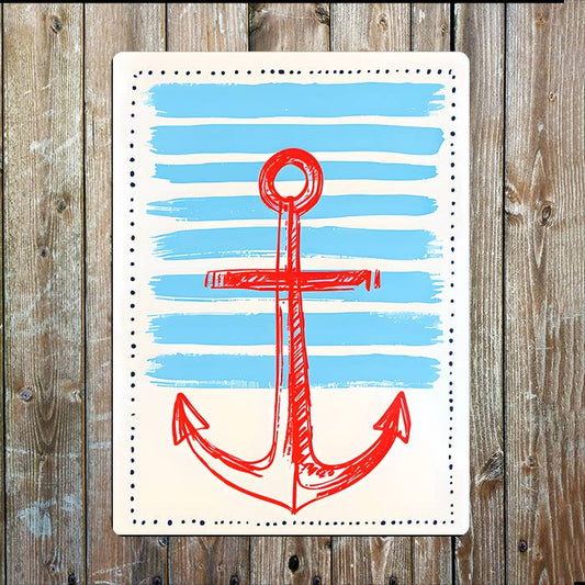 Red Anchor Blue Stripes Sea Nautical Metal Sign Plaque