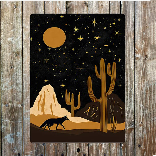 Desert Night Fox Cacti Cowboy Western | Metal Sign Plaque