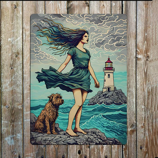 Woman On Rocky Lighthouse Sea Nautical | Metal Sign Plaque