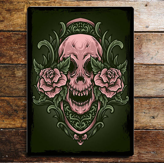 Roses and Skull Tattoo Art Metal Sign Plaque
