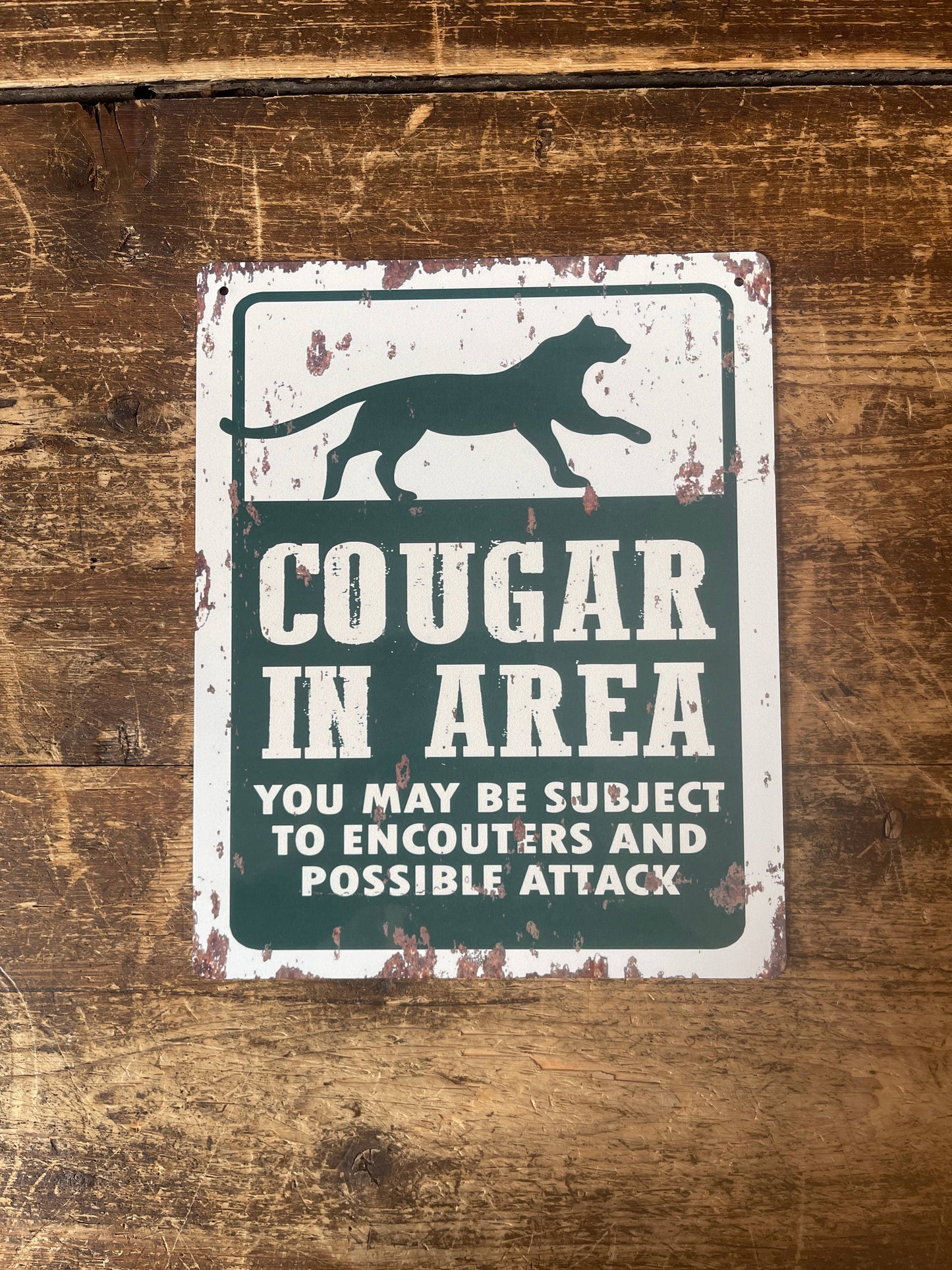 Cougar In Area Park Warning | Metal Sign Plaque