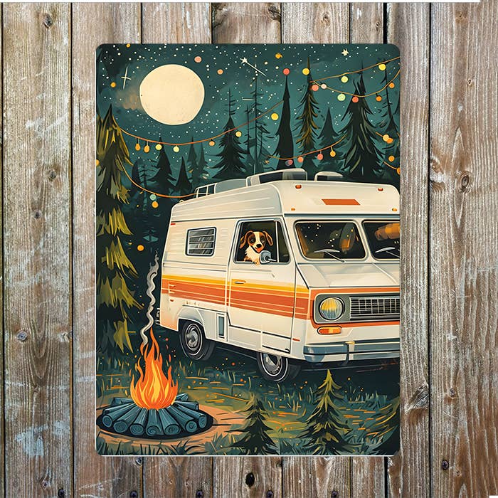Colorful Retro Camping Under Starry Night | Metal Sign Plaque