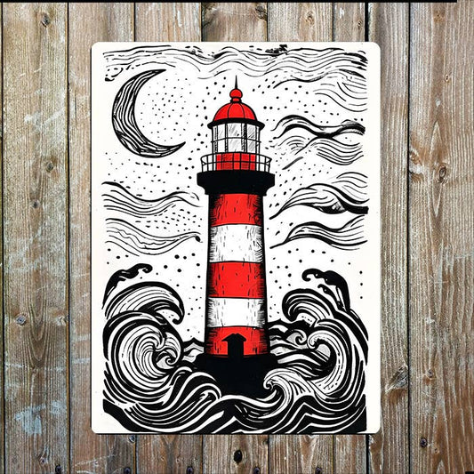 Black And White Lighthouse Sea Nautical | Metal Sign Plaque