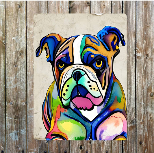 Bulldog Puppy Rainbow Colours Portrait | Metal Sign Plaque