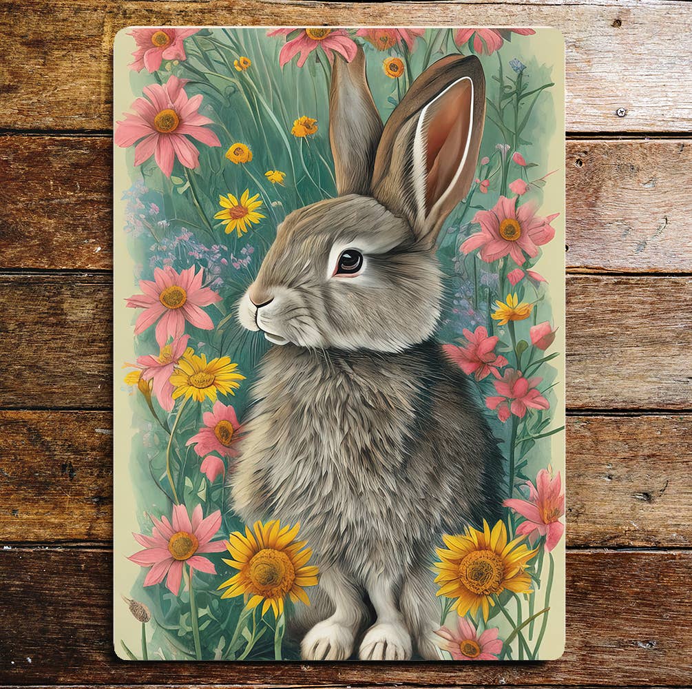 Rabbit Sitting In Flower Field Metal Sign Plaque