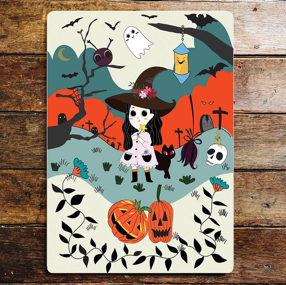 Halloween retro witch pumpkin | Metal Wall Sign Plaque