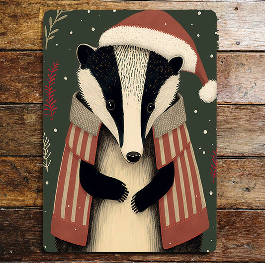 Badger Christmas Hat And Jacket Snow | Metal Sign Plaque