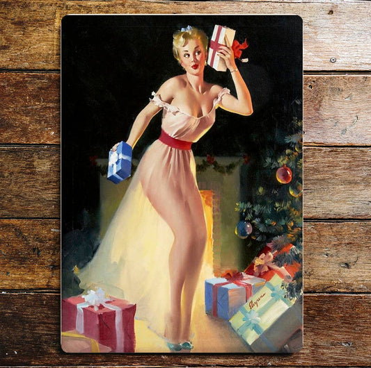 Pin Up Girl Christmas Presents Metal Sign