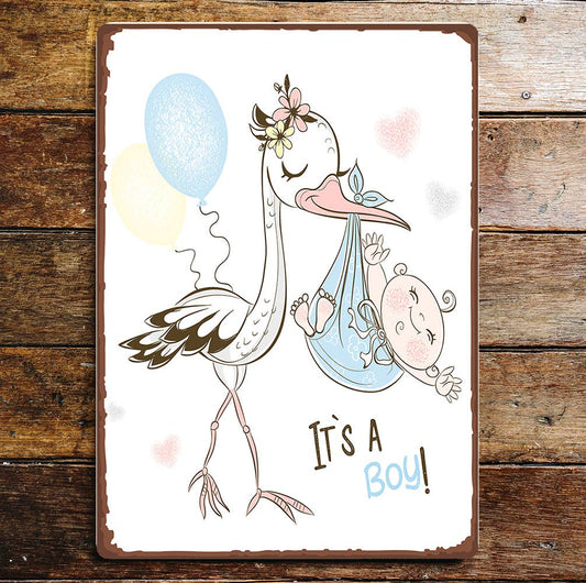 Its A Boy Cute Stalk Carrying Baby | Metal Sign Plaque