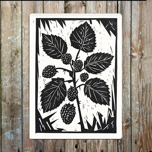 Blackberries And Leaves Linocut Style | Metal Sign Plaque