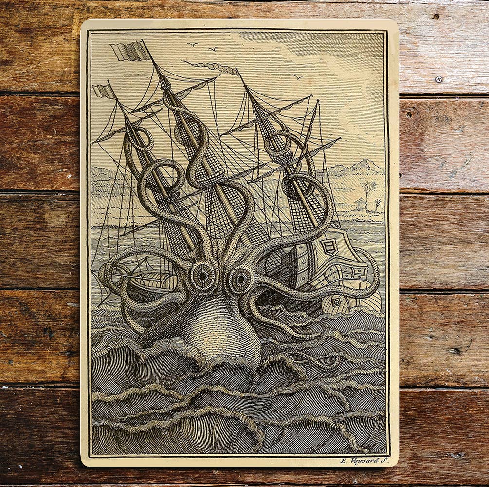 Giant Octopus Ship Storm Sea | Metal Wall Sign Plaque