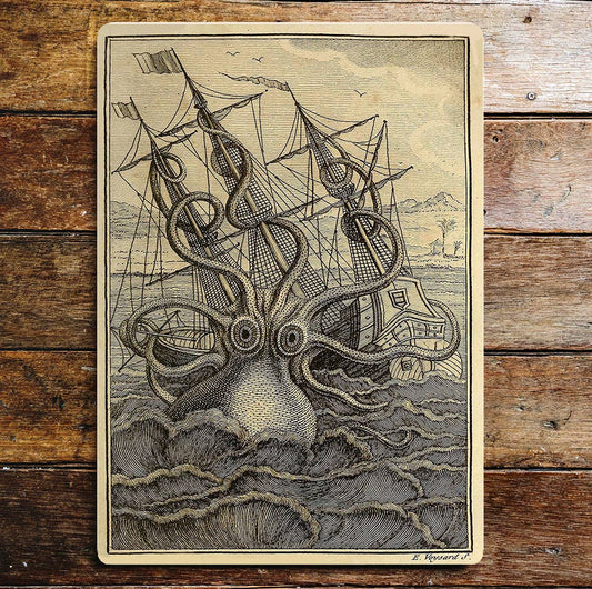 Giant Octopus Ship Storm Sea | Metal Wall Sign Plaque