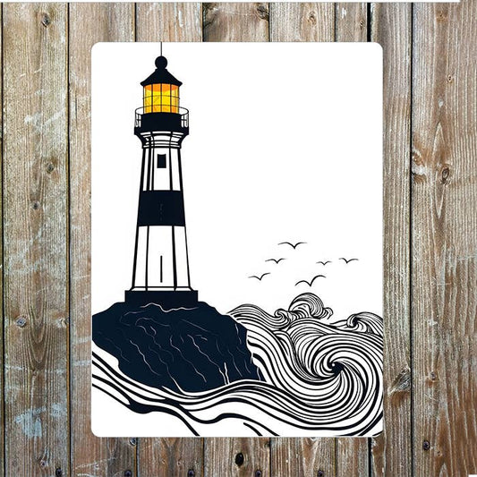 Minimalist Line Art Lighthouse On A Cliff | Metal Sign Plaque