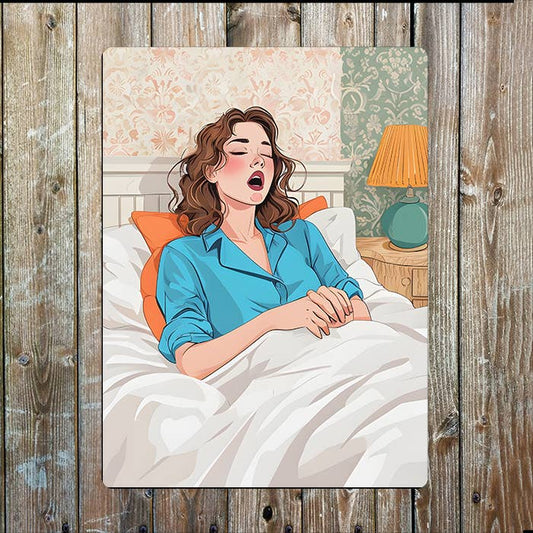Cozy Bedroom Scene With Woman Yawning | Metal Sign Plaque