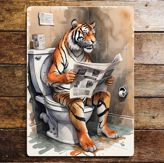 Newspaper Tiger On the Toilet, Bathroom | Metal Sign