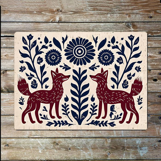 Red Foxes Floral Pattern Scandinavian folk Metal Sign Plaque