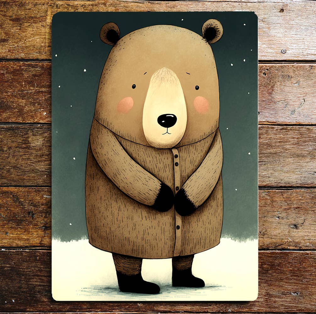 Cute Big Bear Brown Jacket Night Sky | Metal Sign Plaque